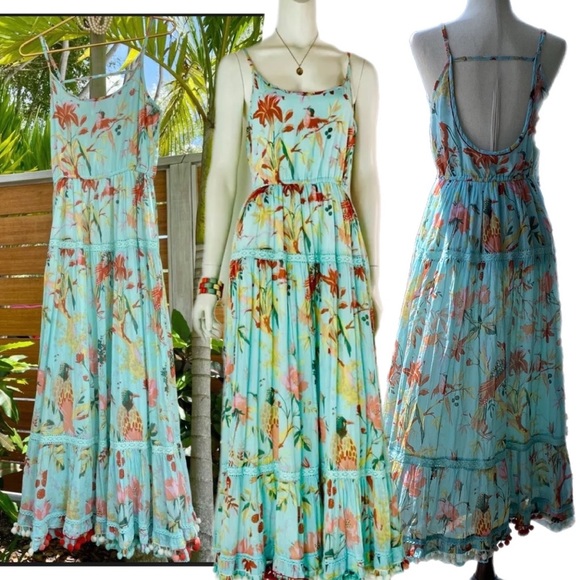 Maxi Spring Boho Dress in Tropical Bird Print Fabric Trimmed in Lace - Small - Picture 3 of 17
